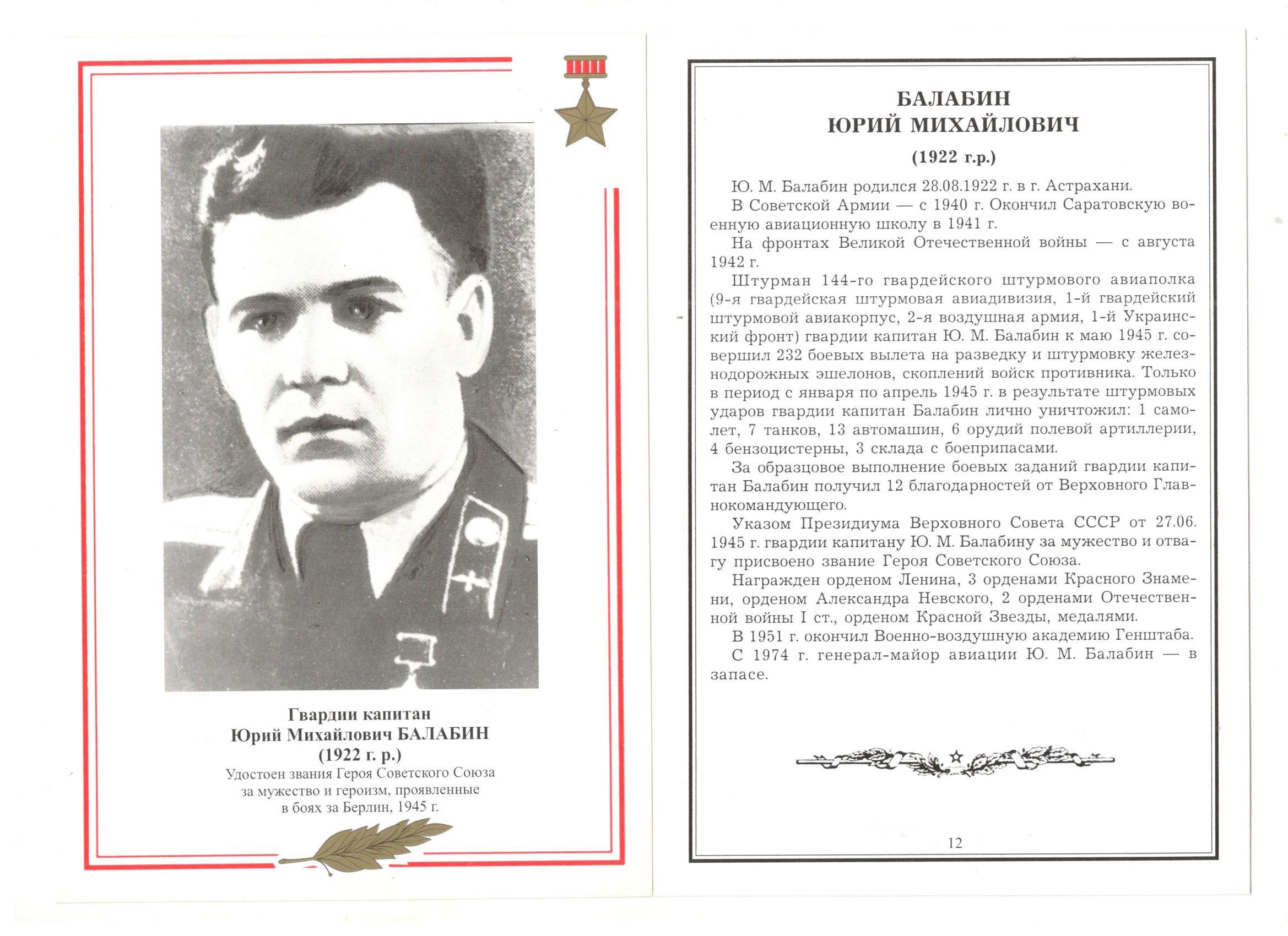 Балабин Юрий Михайлович герой советского Союза